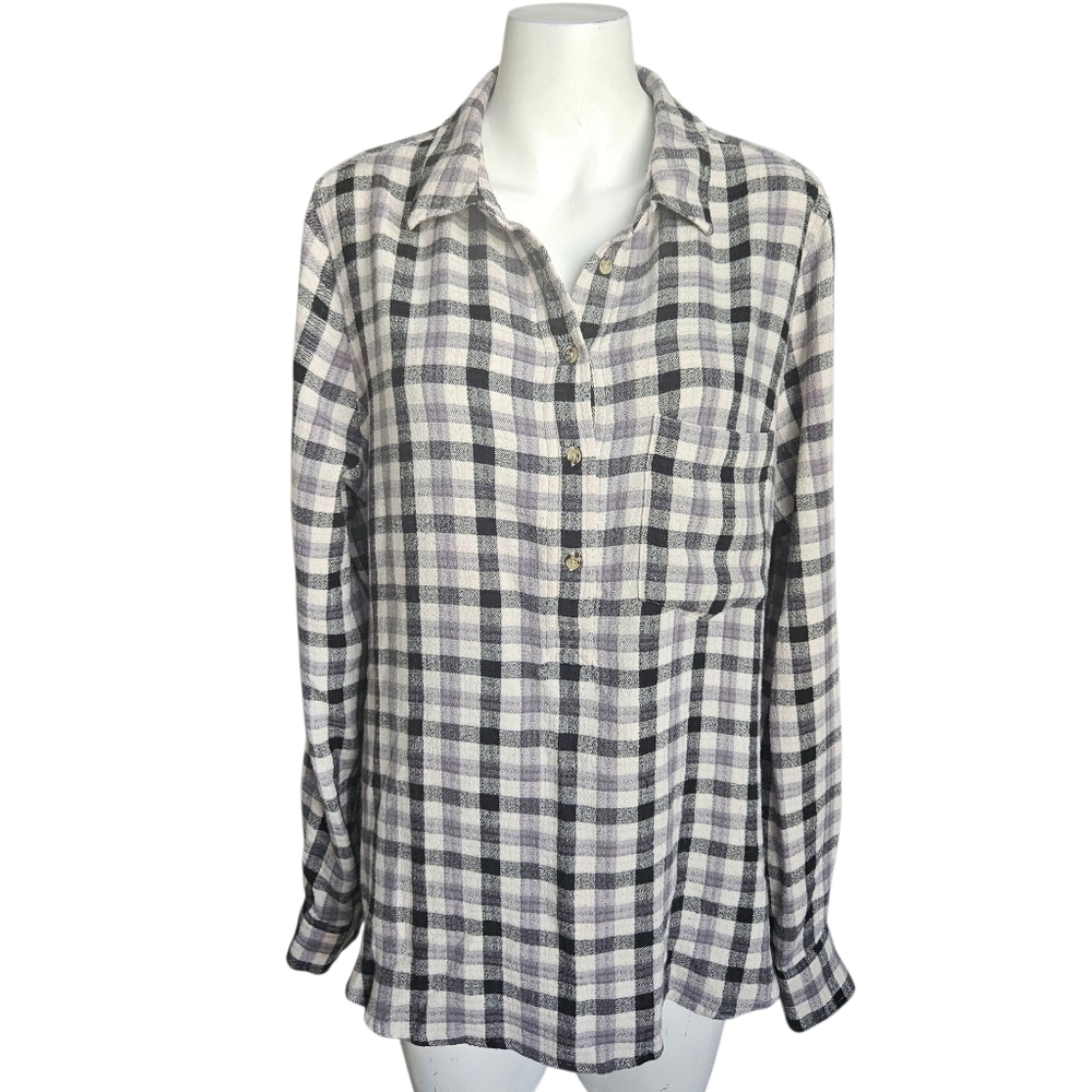 Pistola Half Button Popover Flannel Shirt Size L Plaid Roll Tab Long Sleeve